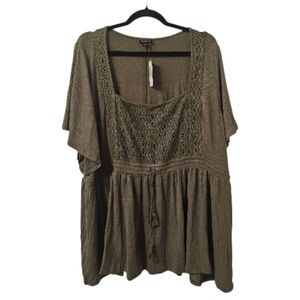 Green Torrid Women's Knit Square Neck Lace Insert Flutter Sleeve Babydoll Top